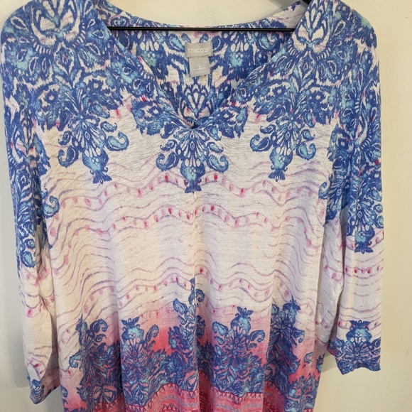 Chico's 100% Linen White Blue Pink Bohemian Split Neck Tunic Shirt - Picture 2 of 8